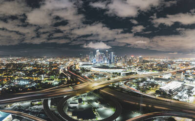 Aerial nighttime shots over downtown los angeles - CAVF84799