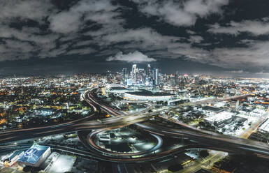 Aerial nighttime shots over downtown los angeles - CAVF84800