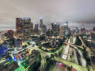 Aerial nighttime shots over downtown los angeles - CAVF84804