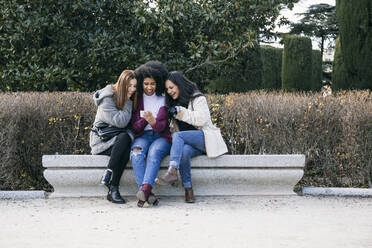 Lächelnde Freundinnen benutzen ihr Smartphone, während sie auf einer Parkbank vor Pflanzen sitzen - ABZF03191