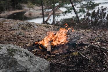 Wildes Lagerfeuer neben dem Wasser in einem Nationalpark in Schweden - CAVF84978