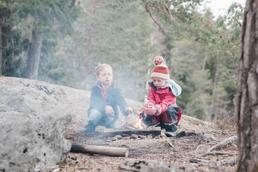 Geschwister kochen Marshmallows auf einem Lagerfeuer in Schweden - CAVF84990