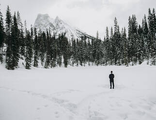 Einsamer Mann im Anzug steht allein auf schneebedecktem See mit Bergen - CAVF85024
