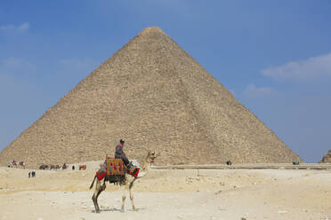 Rider and his Camel, Cheops (Khufu) Pyramid in background, Great Pyramids of Giza, UNESCO World Heritage Site, Giza, Egypt, North Africa, Africa - RHPLF15164