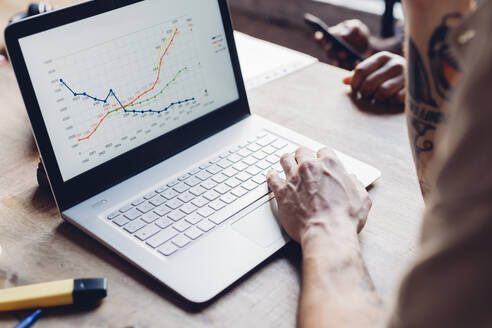 Kreativer Geschäftsmann, der ein Liniendiagramm auf einem Laptop-Monitor am Tisch analysiert - MEUF00649