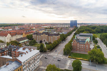 Sweden, Scania, Malmo, Aerial view of road intersection in front of Malmo City Library - TAMF02247