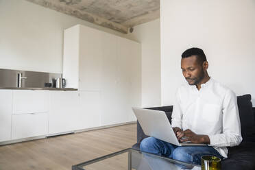 Portrait of man sitting on couch in modern apartment using laptop - AHSF02724