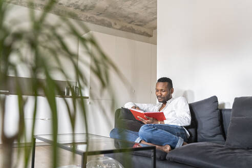 Porträt eines Mannes, der in einer modernen Wohnung auf einer Couch sitzt und ein Buch liest - AHSF02769