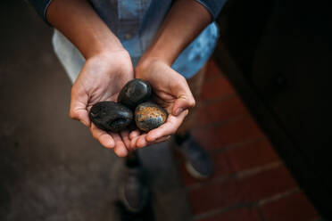 Portrait of child holding rocks in their hands - CAVF85129