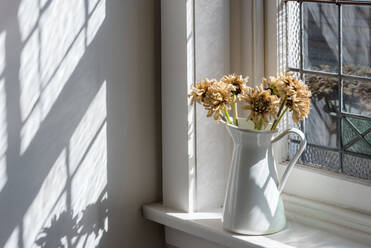 Nahaufnahme der Blumenvase auf der Fensterbank - EYF05774