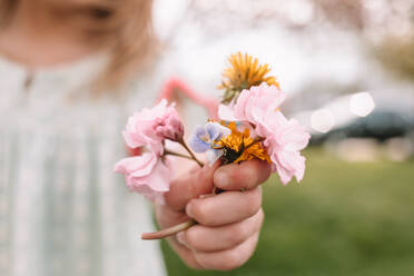 Toddler girl holding a small bouquet of wildflowers and weeds - CAVF85228