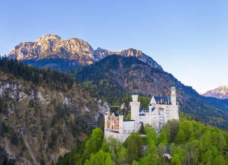 Deutschland, Bayern, Hohenschwangau, Drohnenansicht von Sauling und Schloss Neuschwanstein - SIEF09888