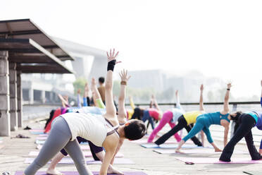 Gruppe von Menschen in einer Outdoor-Yoga-Klasse - EYF06342