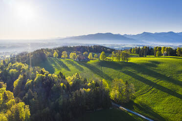 Deutschland, Bayern, Buchberg, Drohnenansicht einer grünen Landschaft bei nebligem Frühlings-Sonnenaufgang - SIEF09898