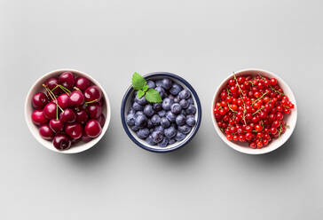 High Angle View of Fruits In Schalen auf weißem Hintergrund - EYF06633