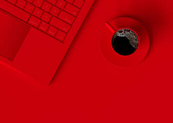 High Angle View Of Coffee With Laptop On Red Background - EYF06643