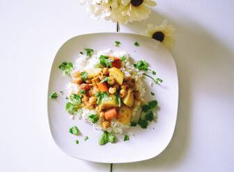 Vegetable Curry Over Rice On Plate - EYF06800