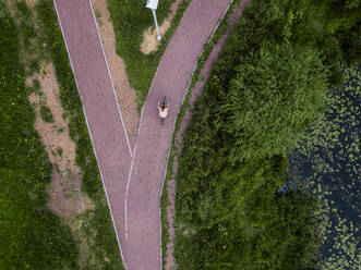 Russia, Tikhvin, Aerial view of female cyclist riding along lakeshore footpath in park - KNTF04704