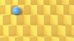 Three dimensional render of blue sphere on yellow cubes - AHUF00603