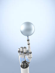 Three dimensional render of robotic arm balancing sphere on top of finger - AHUF00620