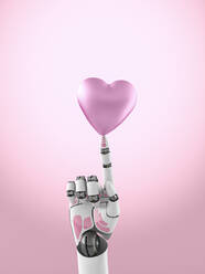 Three dimensional render of robotic arm balancing pink heart on top of finger - AHUF00622