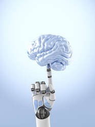 Three dimensional render of robotic arm balancing human brain on top of finger - AHUF00623