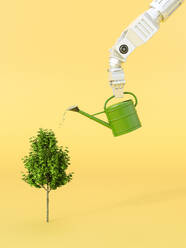 Dreidimensionales Rendering eines Roboterarms, der einen Baum bewässert - AHUF00632