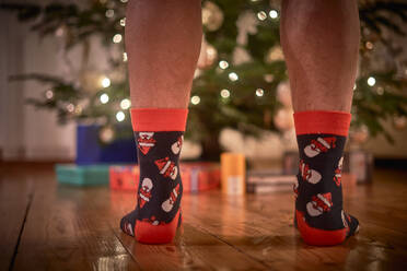 Niedriger Ausschnitt eines Mannes, der Socken trägt und unter einem Weihnachtsbaum auf einem Hartholzboden steht - EYF06901