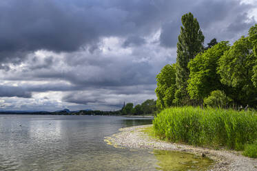 Deutschland, Baden-Württemberg, Radolfzell, Gewitterwolken über dem Bodenseeufer - ELF02155