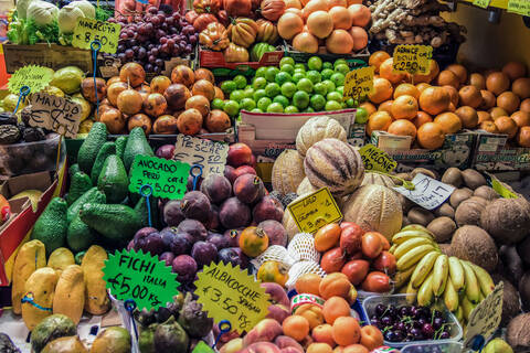 Various Fruits For Sale At Market Stall stock photo