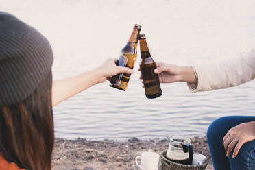 Freunde stoßen mit Bierflaschen am Lakeshore an - EYF07020