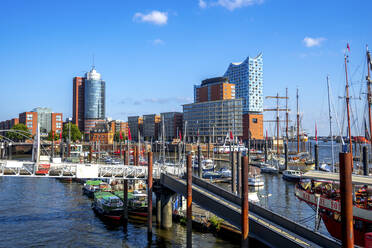 Deutschland, Hamburg, HafenCity Hafen mit Elbphilharmonie im Hintergrund - PUF01922