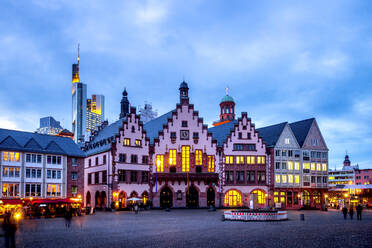 Germany, Hesse, Frankfurt, Romer town hall at dusk - PUF01925