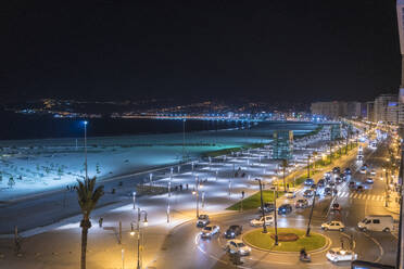 Morocco, Tanger-Tetouan-Al Hoceima, Tangier, Coast of illuminated city at night - TAMF02305