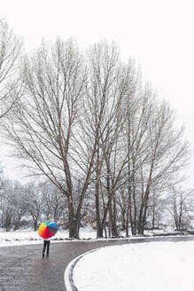 Frau, die auf einer verschneiten Straße mit einem Regenbogenschirm spazieren geht. - CAVF85574