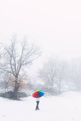 Frau geht in einem verschneiten Feld und hält einen bunten Regenschirm. - CAVF85578
