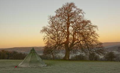 Frosty tent on a field in South Wales - CAVF85683