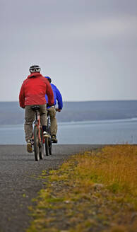 Zwei Freunde fahren mit ihren Mountainbikes um den Thingvellir-See - CAVF85705