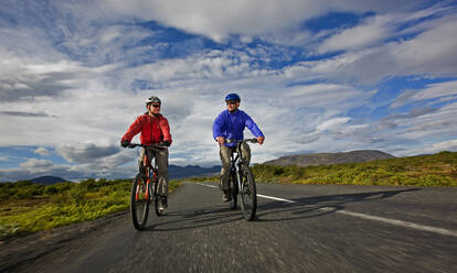 Zwei Freunde fahren mit ihren Mountainbikes um den Thingvellir-See - CAVF85706