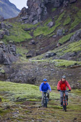 Zwei Freunde fahren mit ihren Mountainbikes um den Thingvellir-See - CAVF85710