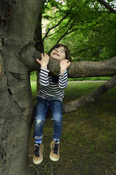 Smiling cute boy sitting on tree branch at park - ECPF00959