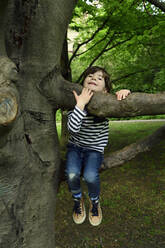 Smiling cute elementary boy sitting on tree branch at park - ECPF00960