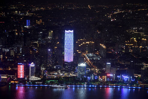 China, Shanghai, Aerial view of Bund at night - GNF01543