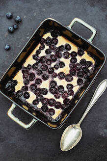 Pfanne mit frisch gebackenem Ricotta-Käsekuchen mit Heidelbeeren - IPF00543