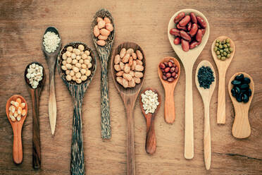 High Angle View Of Spices In Spoons On Table - EYF07287