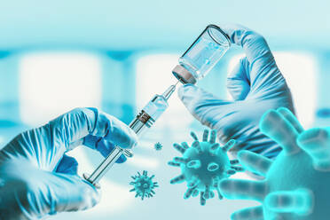 Digital Composite Image Of Cropped Hand Holding Syringe And Vial With Virus - EYF07411