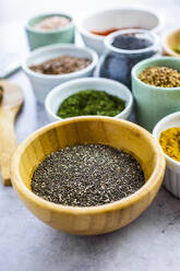 Bowls of chia seeds and spices - GIOF08459