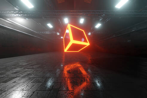 Dreidimensionales Rendering eines leuchtenden Würfels in einem dunklen Lagerhaus - SPCF00703