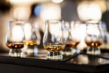 Nahaufnahme von Scotch Whiskey im Glas auf dem Tisch - EYF07569