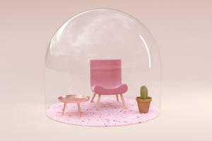 3D-Rendering, Miniatur-Stuhl und -Tisch unter Glasglocke - ECF01969